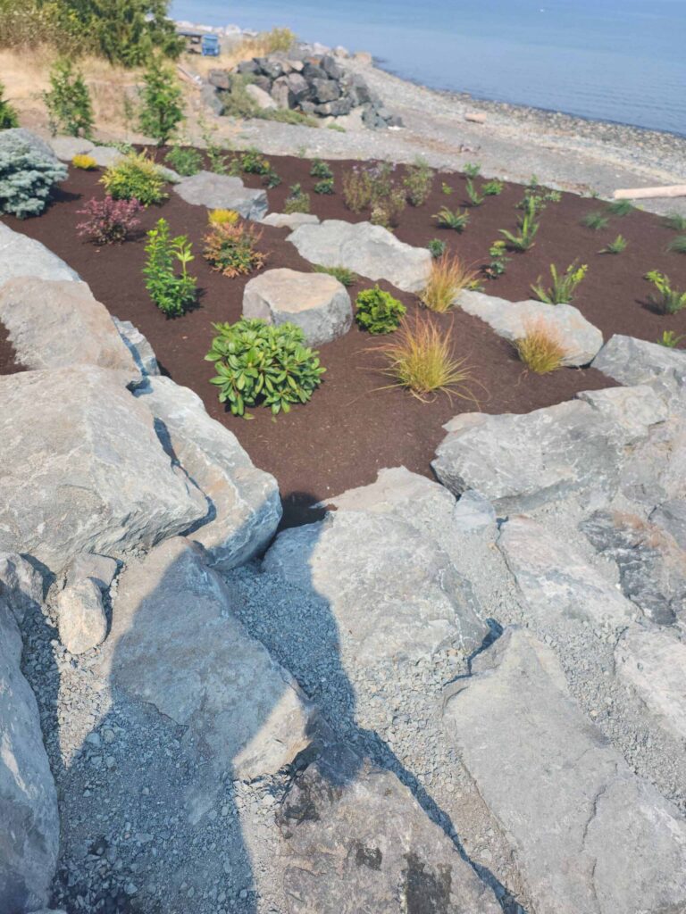 20230825_115957-scaled Landscaping example: View of stone retaining walls and landscaped areas, seen from the home towards the ocean.