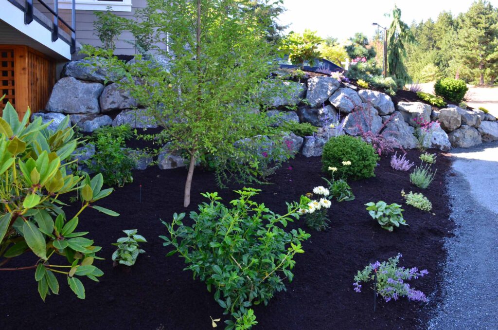 DSC_1078-scaled Landscaping example: A flowerbed is protected by a tall rock retaining wall