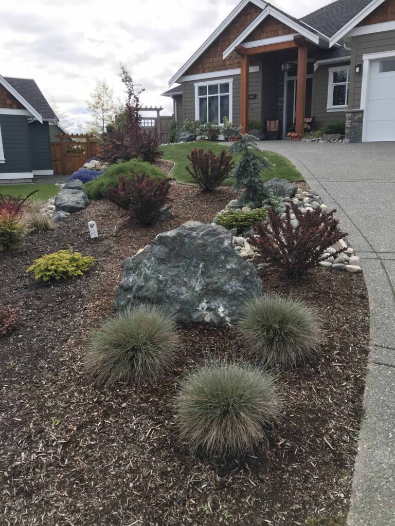 IMG_3031-scaled Landscaping example: view of low-maintenance garden above rock retaining wall.